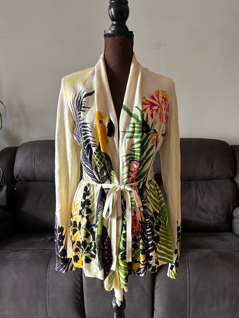 Anthropologie Moth Tropical Parrot Floral Cardigan Waist Belt
